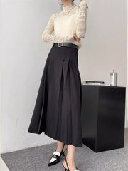 Pleated Solid Color Split-Joint A-Line High Waisted Skirts