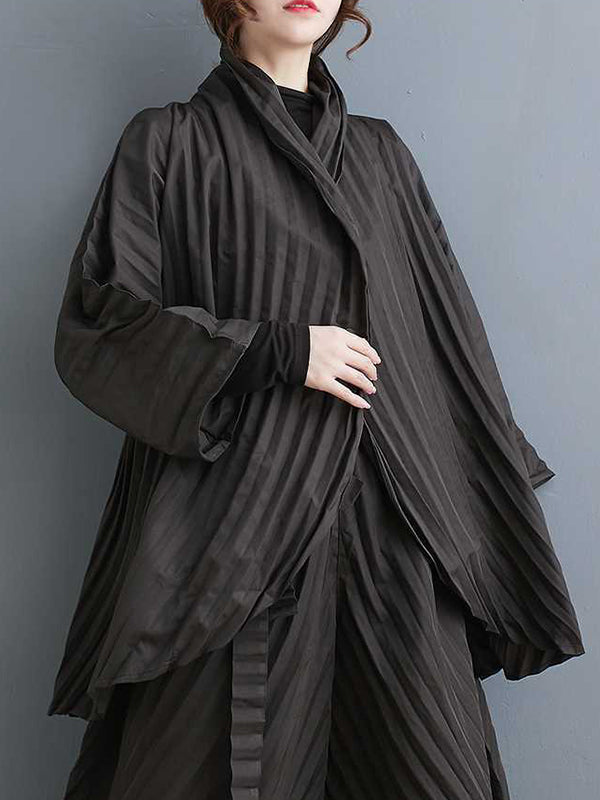 Stand Collar Long Sleeves Loose Buttoned Pleated Solid Color Shirts Top + Pants Bottom Two Pieces Set