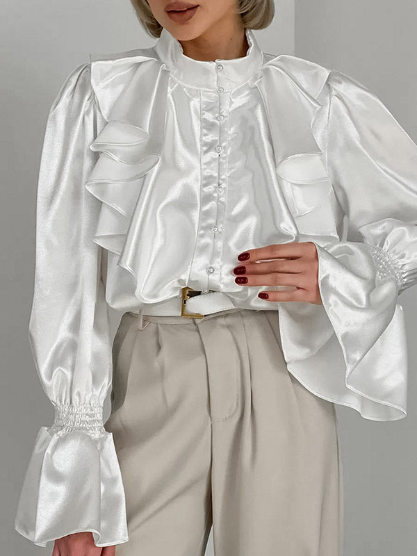 Falbala Solid Color Split-Joint Flared Sleeves Loose Stand Collar Blouses&Shirts Tops