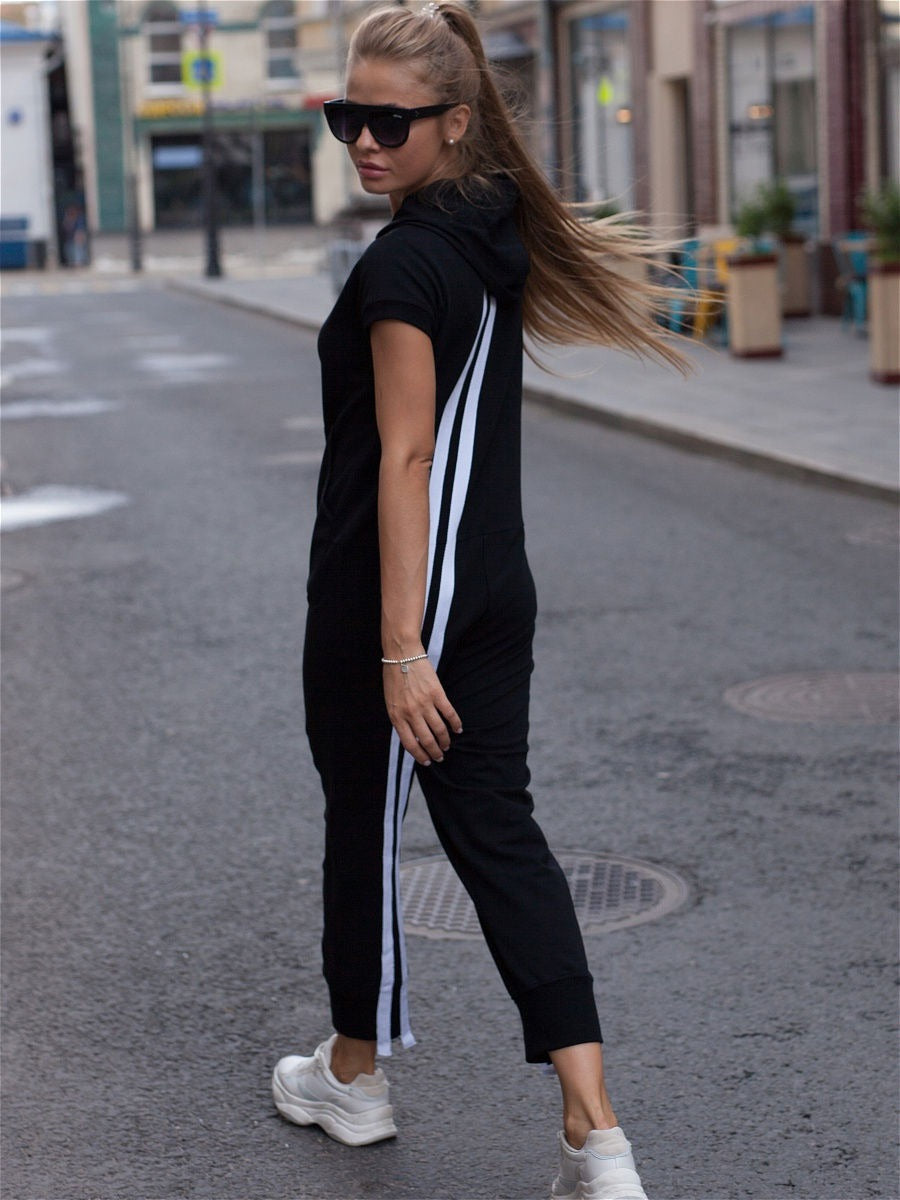 Stripes Zipper Hooded Jumpsuits