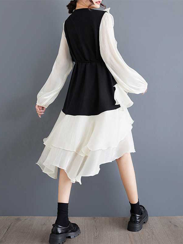 Contrast Color Ruffle Trim Split-Joint High-Low Long Sleeves Round-Neck Midi Dresses