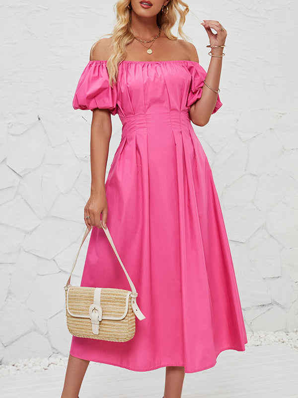 Elasticity Pleated Solid Color Split-Joint Loose Puff Sleeves Off-The-Shoulder Midi Dresses