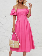 Elasticity Pleated Solid Color Split-Joint Loose Puff Sleeves Off-The-Shoulder Midi Dresses