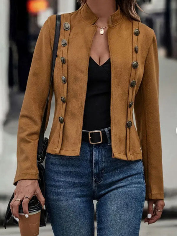 Buttoned Split-Joint Long Sleeves Loose Stand Collar Outerwear