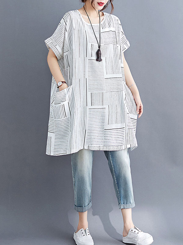 Striped Loose Short Sleeves Round-Neck T-Shirts