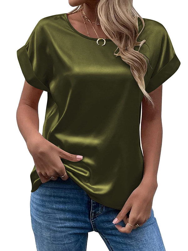 Solid Color Loose Short Sleeves Round-Neck T-Shirts Tops