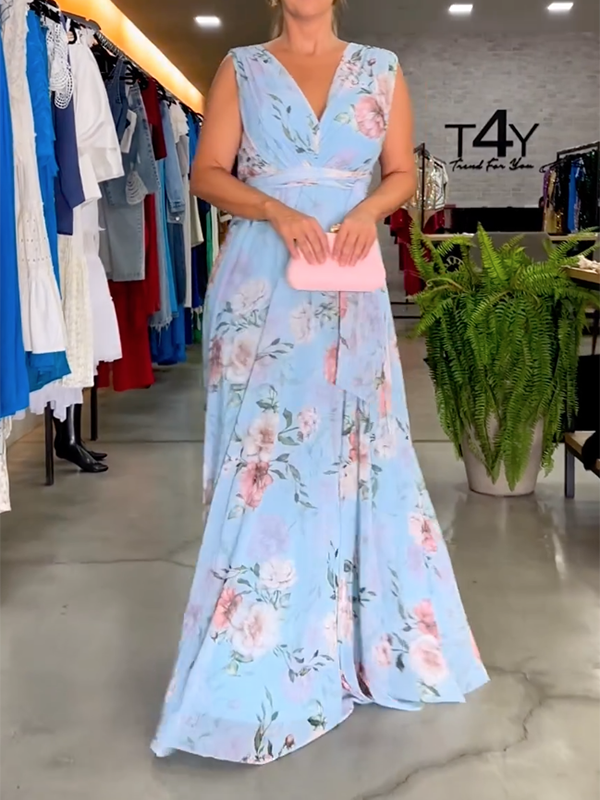 Stylish Floral Printed V-Back Elegant Maxi Dresses