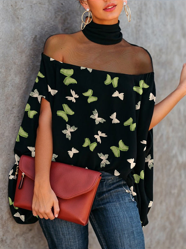 Butterfly Print Mesh Split-Joint Batwing Sleeves Loose High Neck T-Shirts Tops