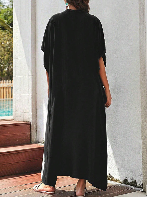 Solid Color Split-Side Sun Protection Batwing Sleeves Half Sleeves V-Neck Maxi Dresses Beach Cover-Up