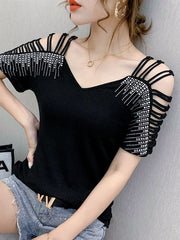 Hollow Rhine Stones Solid Color Split-Joint Loose Raglan Sleeve V-Neck T-Shirts Tops