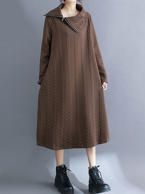 Asymmetric Solid Color Zipper A-Line Long Sleeves Asymmetric Collar Midi Dresses