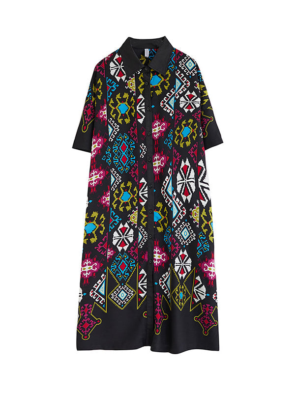 Buttoned Printed A-Line Loose Lapel Midi Dresses