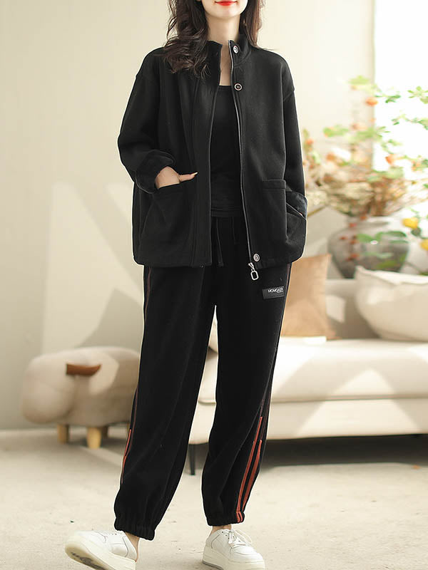 Buttoned Keep Warm Pockets Split-Joint Velvet Zipper Long Sleeves Loose Stand Collar Outerwear