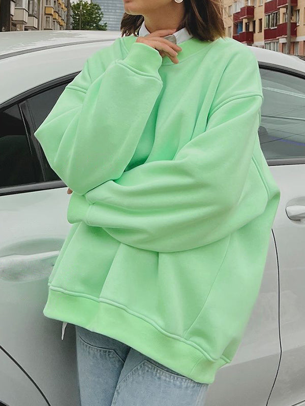 Solid Color Long Sleeves Loose Round-Neck Sweatshirt Tops