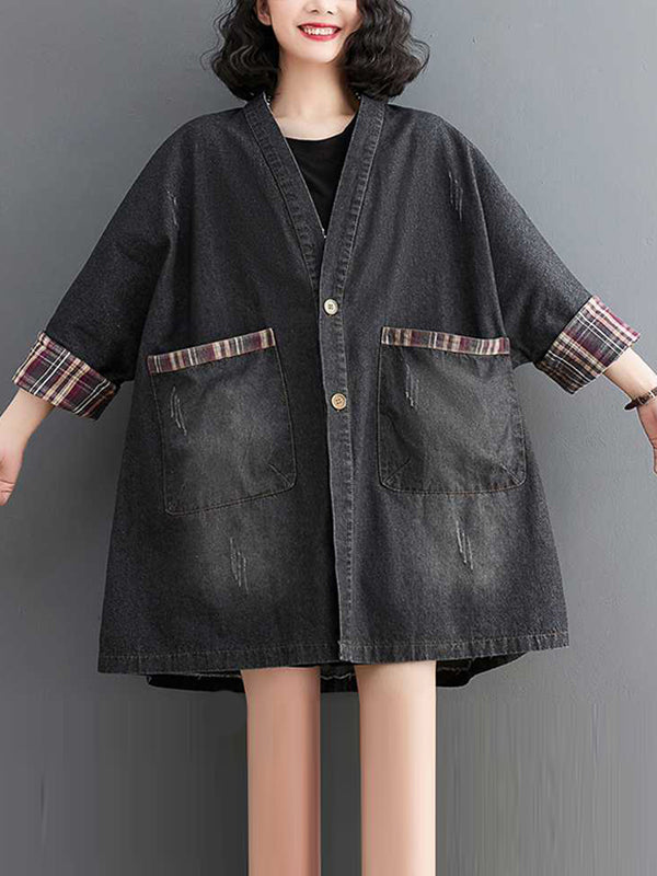 Buttoned Plaid Pockets Split-Joint Long Sleeves Loose V-Neck Denim Outerwear