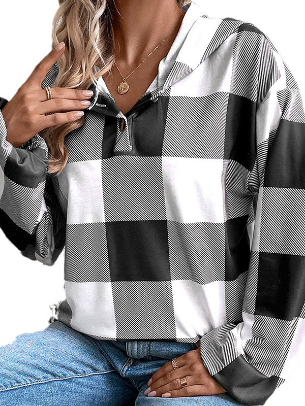 Buttoned Elasticity Plaid Split-Joint Long Sleeves Loose Hoodies Tops