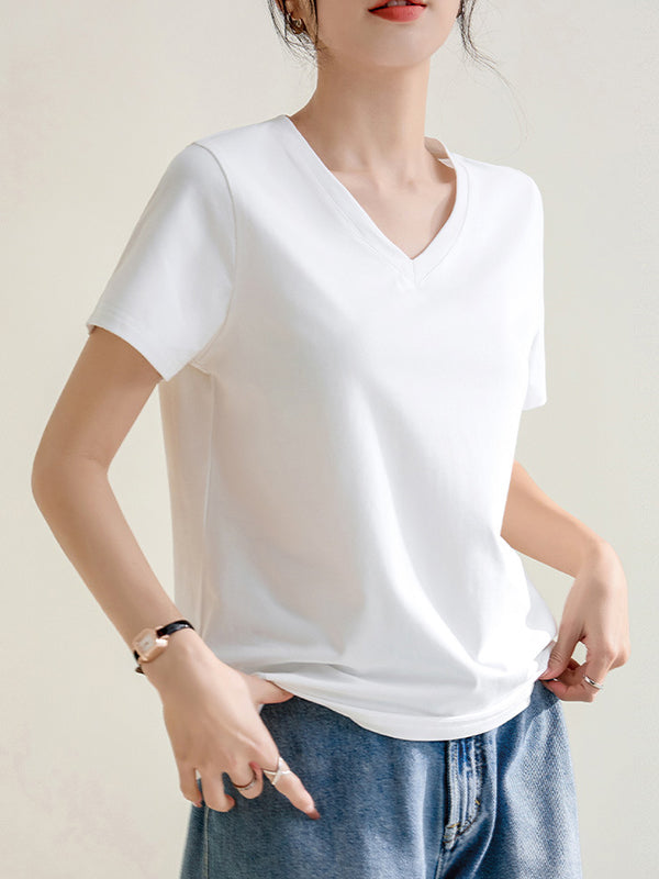 Solid Color Loose Short Sleeves V-Neck T-Shirts Tops