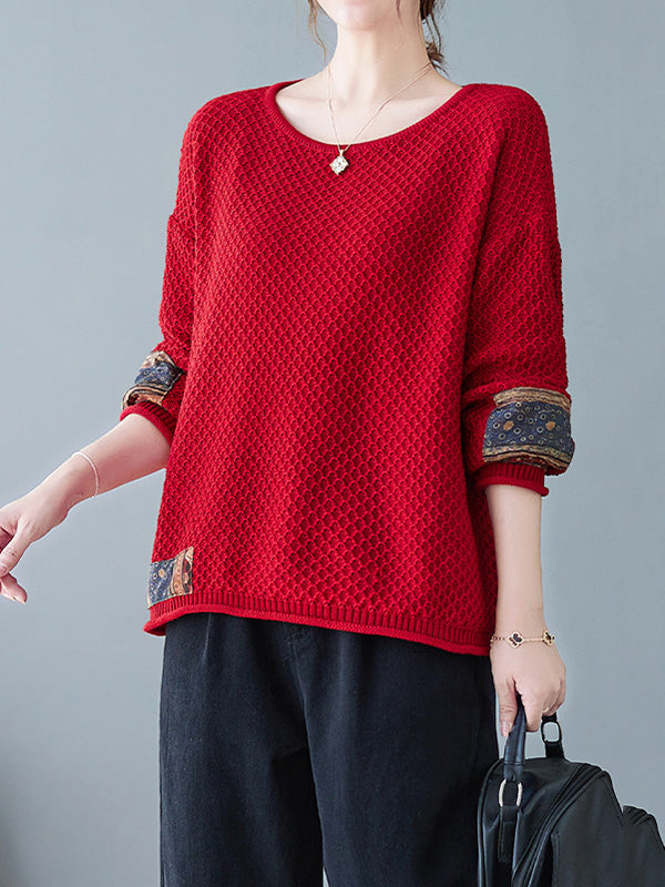 Printed Split-Joint Long Sleeves Loose Round-Neck Sweater Tops Pullovers