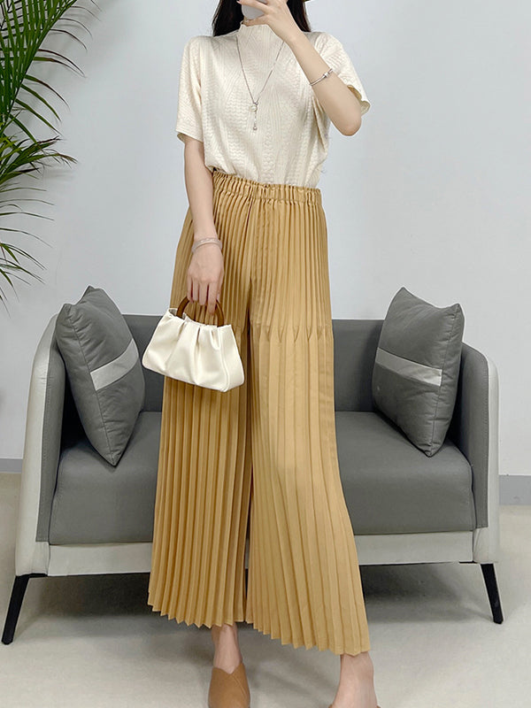 Elasticity Pleated Solid Color Split-Joint High Waisted Loose Trousers Pants