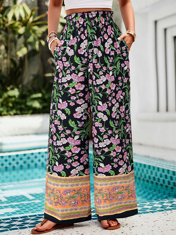 Elasticity Flower Print Pleated Pockets High Waisted Loose Trousers Pants