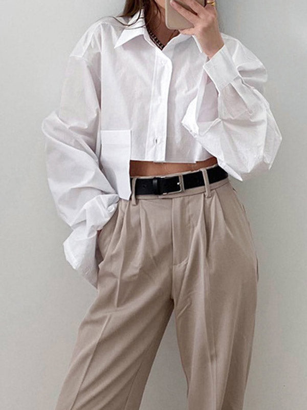 Asymmetric Buttoned Pockets Solid Color Split-Joint Long Sleeves Loose Lapel Blouses&Shirts Tops