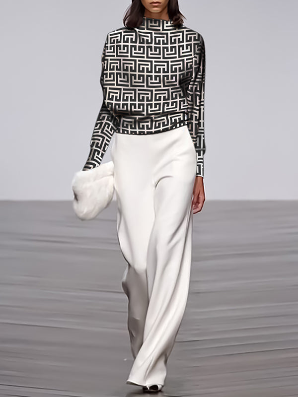 Long Sleeves Loose Geometric Printed Stand Collar T-Shirts Tops