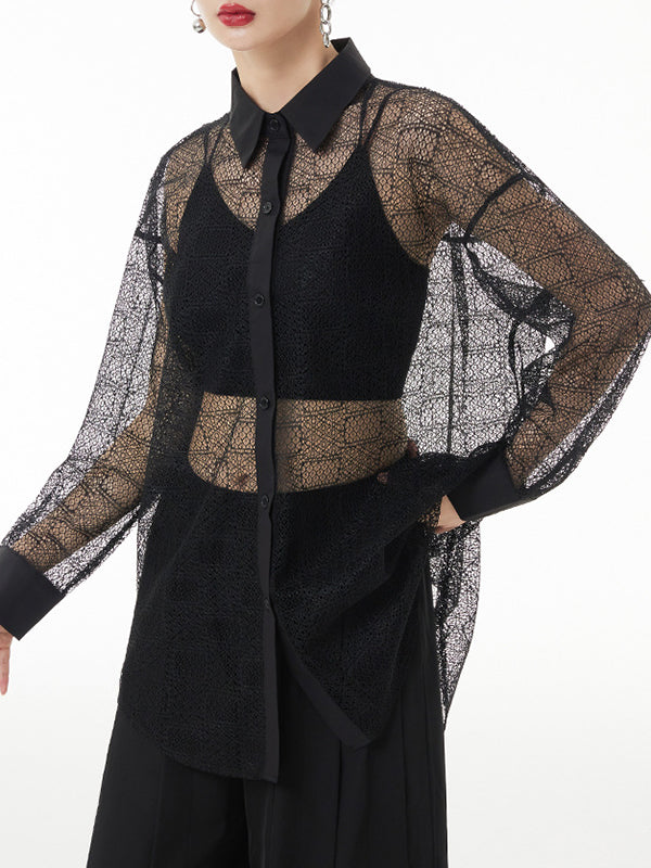 Lacy See-Through Solid Color Long Sleeves Loose Lapel Blouses&shirts Tops