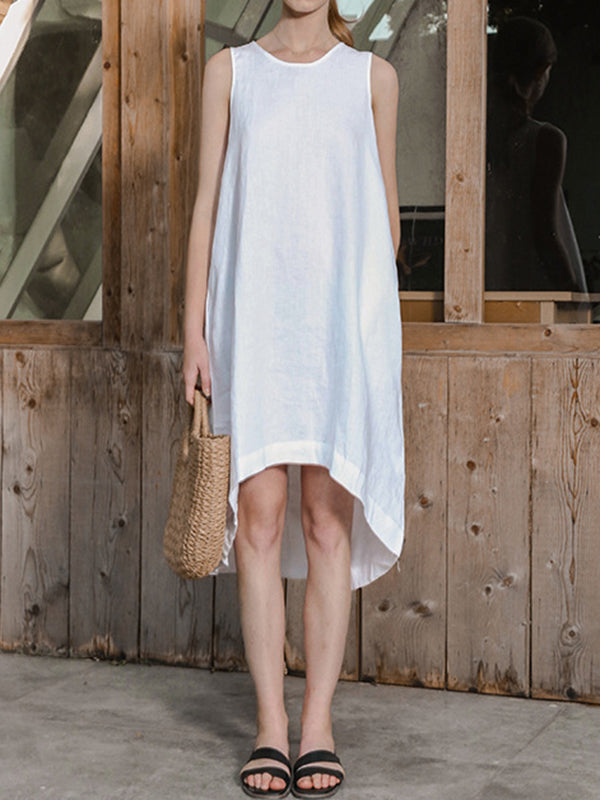 Solid Color High-Low Loose Round-Neck Midi Dresses