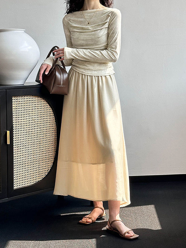 Elasticity Pleated Solid Color Split-Joint A-line High Waisted Skirts Bottoms