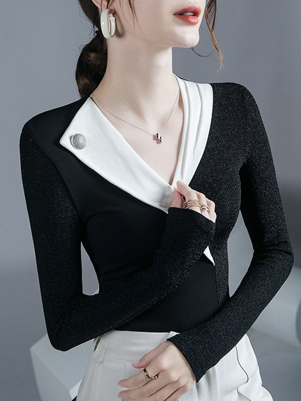 Asymmetric Contrast Color Split-Joint Long Sleeves Skinny V-neck Blouses&shirts Tops