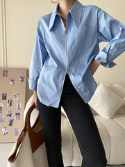Long Sleeves Solid Color Zipper Lapel Collar Blouses