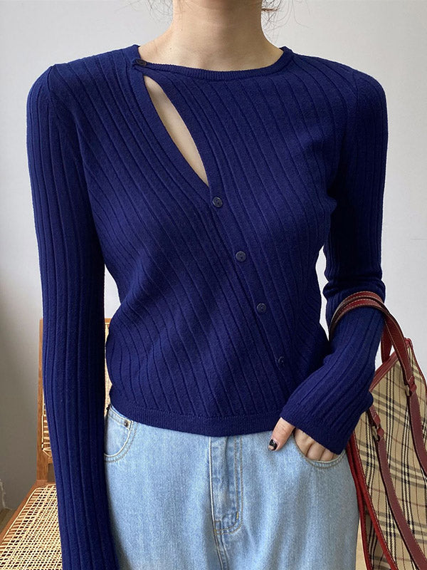 Asymmetric Solid Color Round-Neck Sweater Top