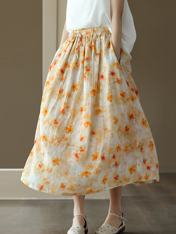 Drawstring Elasticity Floral Printed Loose Skirts