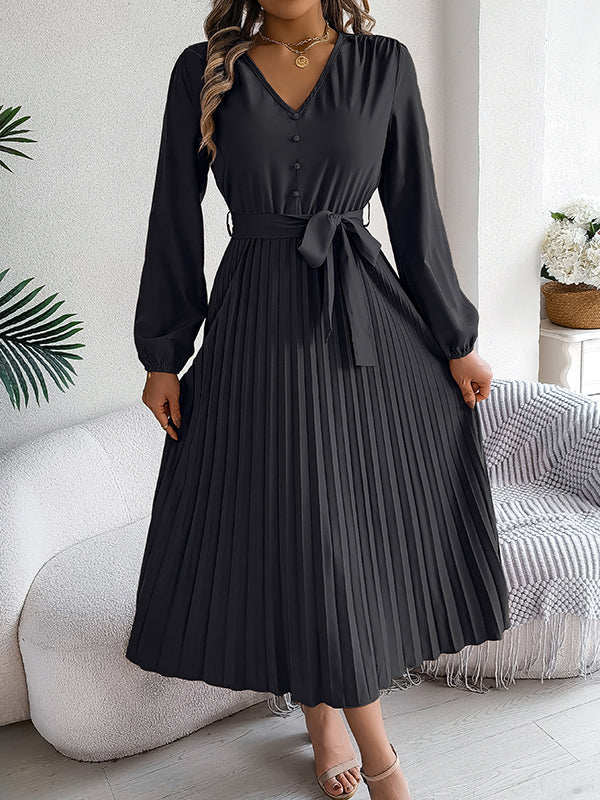 Belted Buttoned Pleated Solid Color High Waisted Long Sleeves V-Neck Maxi Dresses