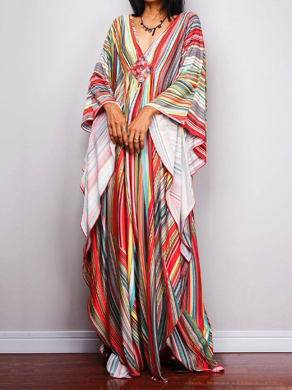 Printed Split-Joint Striped Batwing Sleeves Loose V-Neck Maxi Dresses