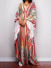 Printed Split-Joint Striped Batwing Sleeves Loose V-Neck Maxi Dresses