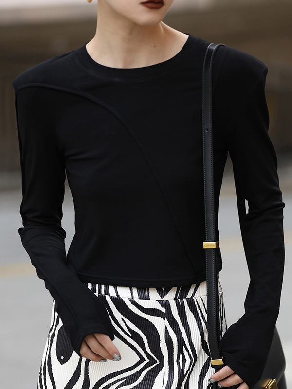 Shoulder Pad Solid Color Long Sleeves Skinny Round-Neck T-Shirts Tops