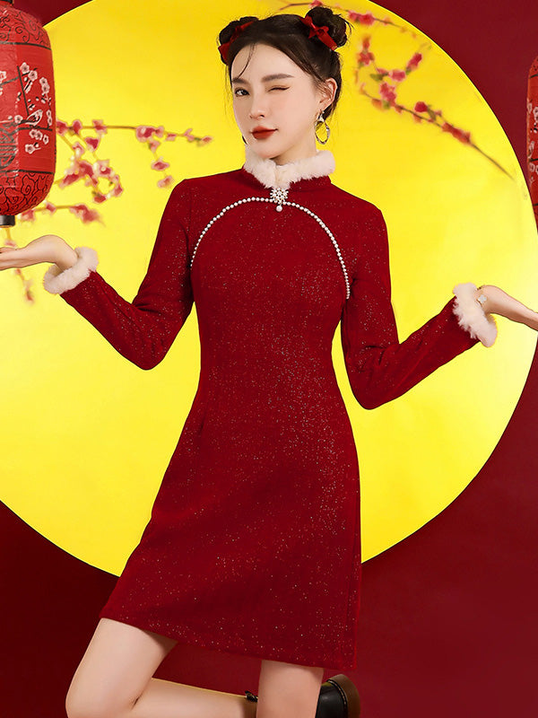 Original Creation A-Line Long Sleeves Beaded Split-Joint Stand Collar Short Cheongsams