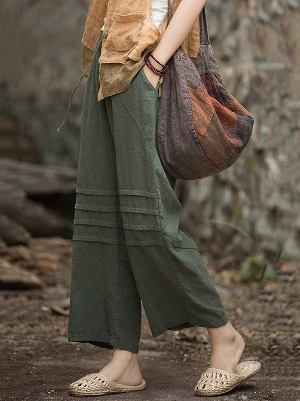 Pleated Solid Color Split-Joint High Waisted Loose Trousers Ninth Pants