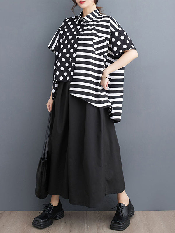 Polka-Dot Split-Joint Striped Loose Short Sleeves Lapel Shirts Tops