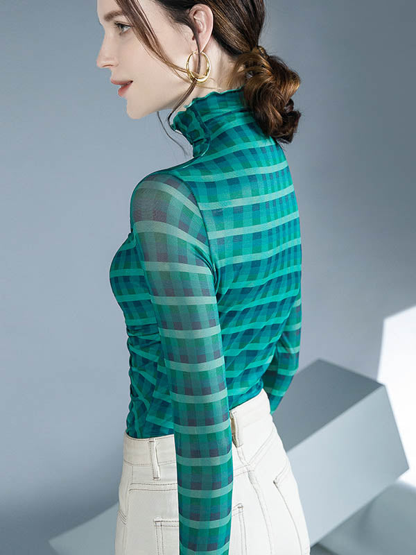 Contrast Color Plaid Pleated Split-Joint Long Sleeves Skinny High-Neck Blouses&Shirts Tops