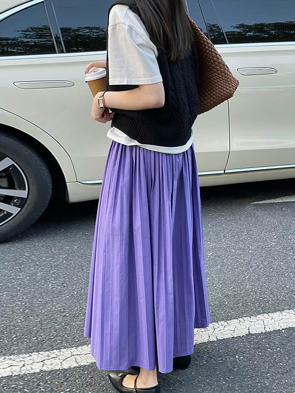 Elasticity Pleated Solid Color A-Line High Waisted Skirts