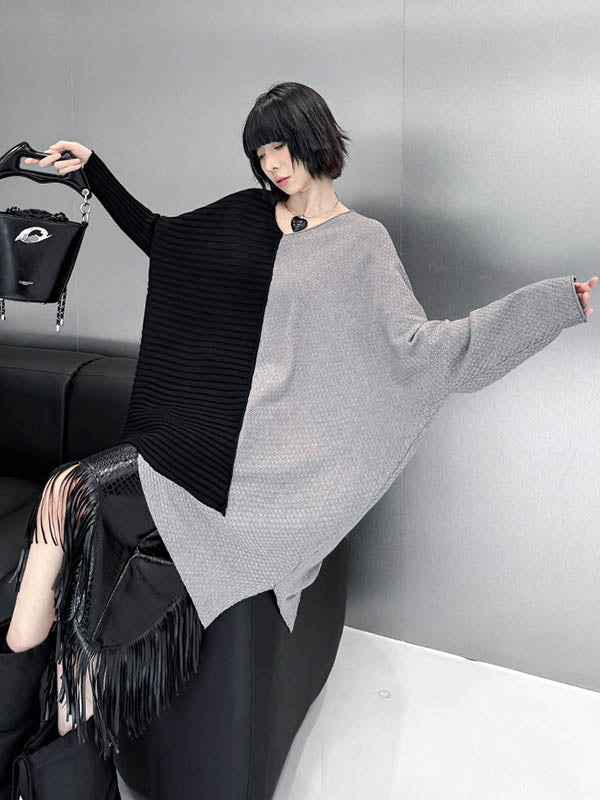 Asymmetric Contrast Color Split-Joint Textured Batwing Sleeves Irregularity V-Neck Sweater Tops