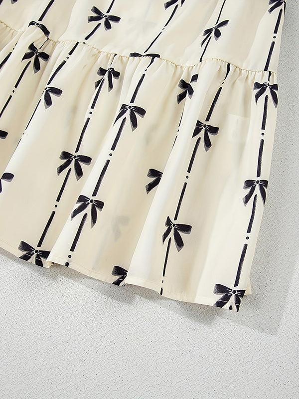 Bowknot Contrast Color Printed Split-Joint A-Line Loose Stand Collar Midi Dresses