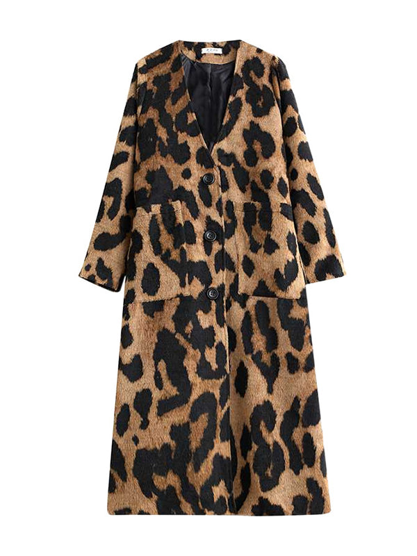 Buttoned Leopard Pockets Split-Joint Long Sleeves Loose V-Neck Trench Coats Outerwear