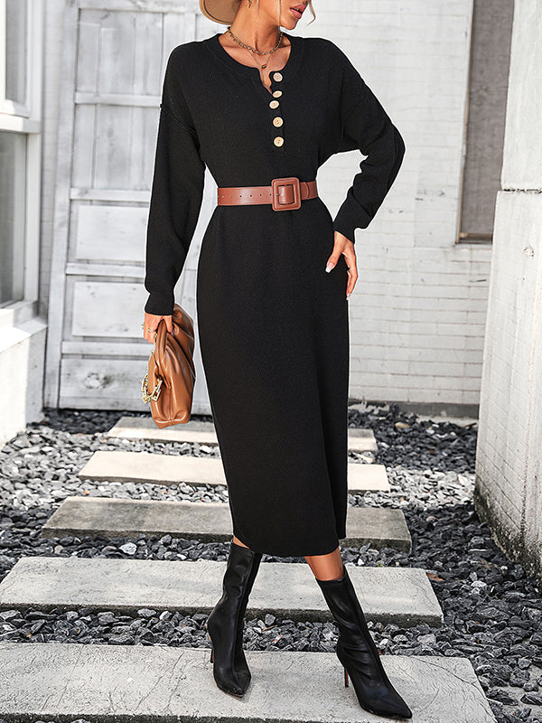 Buttoned Split-Joint Long Sleeves Loose Round-Neck Sweater Dresses Midi Dresses