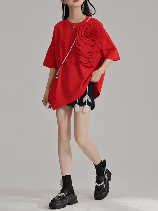 Asymmetric Solid Color Three-Dimensional Flower Loose Short Sleeves Round-Neck T-Shirts Tops