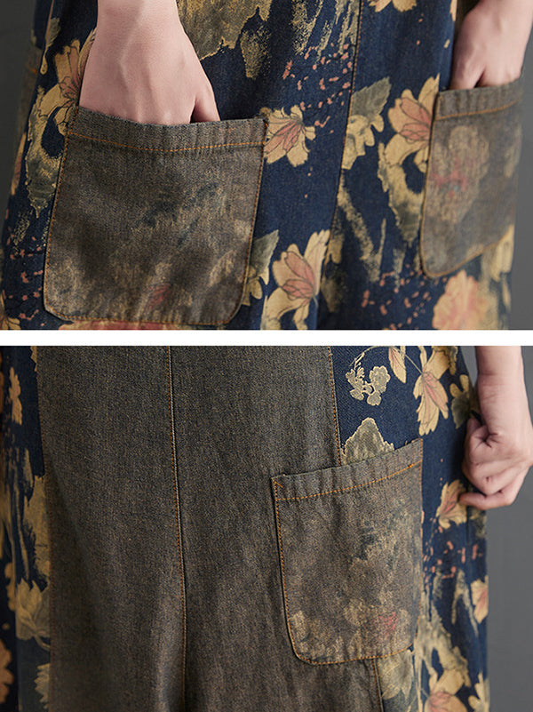 Buttoned Floral Printed Split-Joint Loose Oversize Overalls Ninth Pants