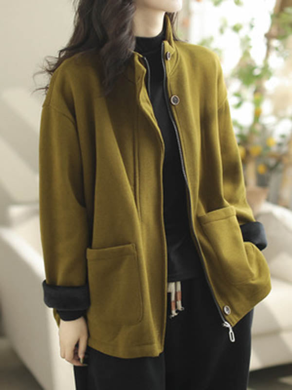 Buttoned Keep Warm Pockets Split-Joint Velvet Zipper Long Sleeves Loose Stand Collar Outerwear