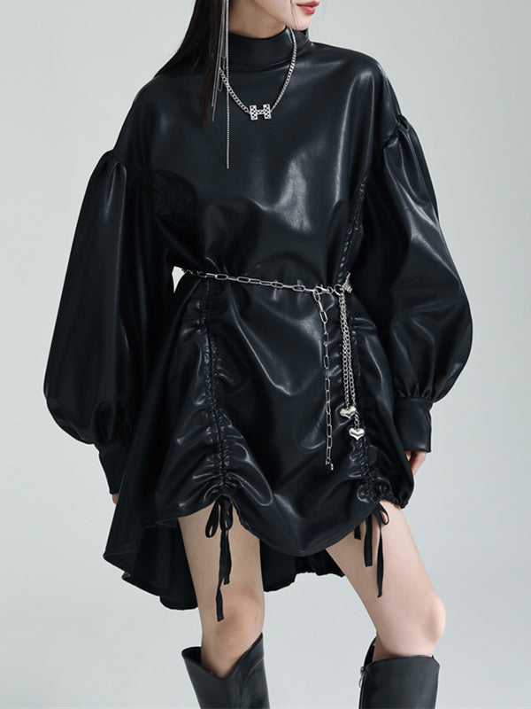 Drawstring Pleated Solid Color High-Low Long Sleeves Stand Collar Mini Dresses